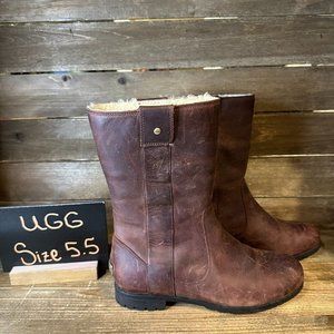 Womens Ugg Burrough Brown Leather‎ Lined Mid Calf Riding Winter Boots Size 5.5 M